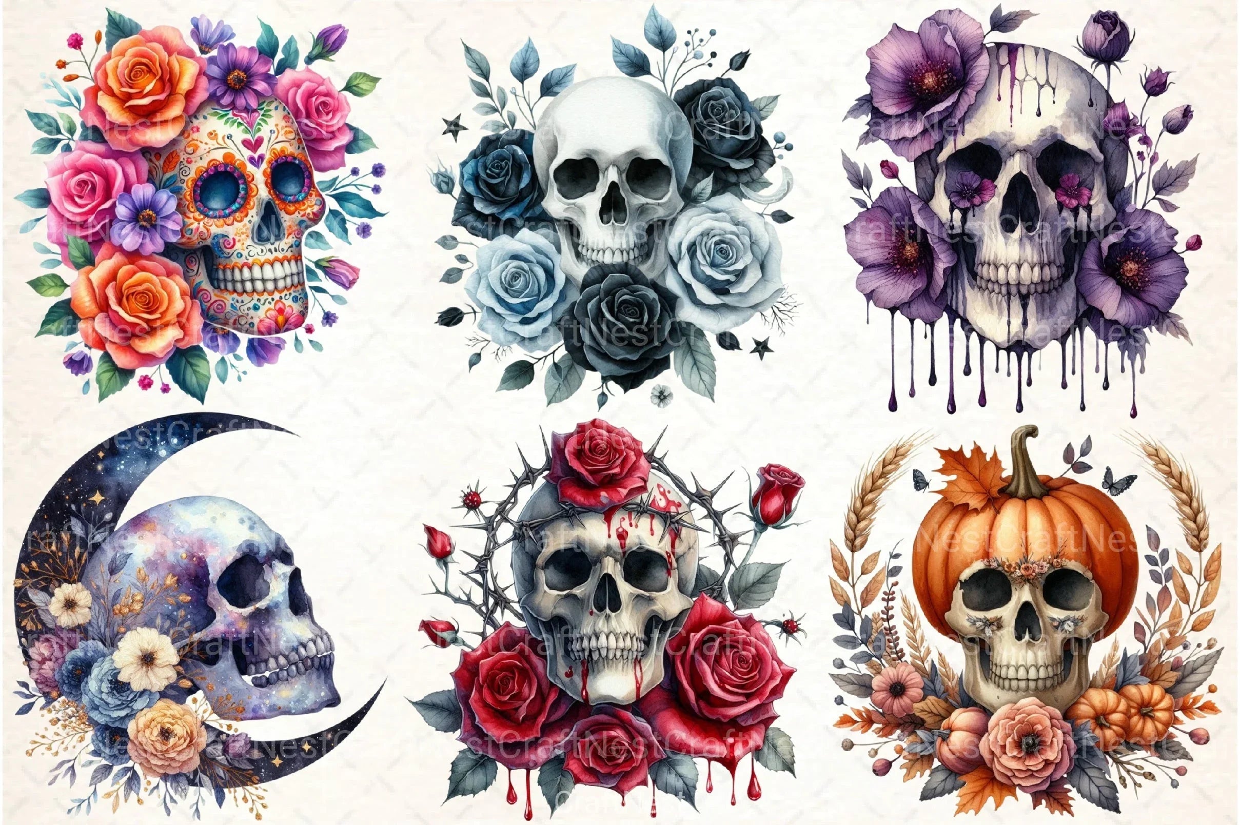 Halloween Skulls Florals Clipart Bundle - CraftNest - Digital Crafting and Art