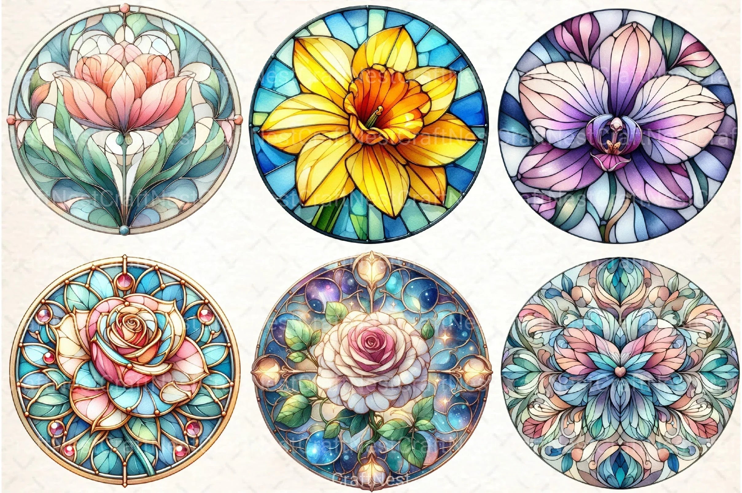 Round Flower Stained Glass Clipart Bundle - CraftNest - Digital Crafting and Art