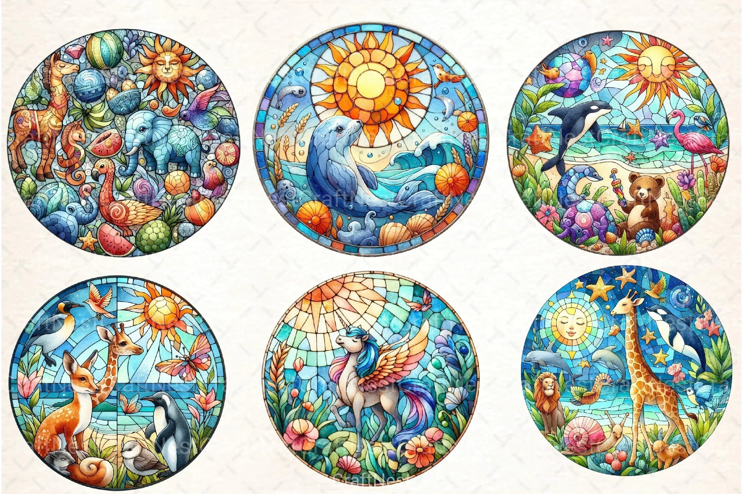 Round Stained Glass Animals Summer Clipart Bundle - CraftNest - Digital Crafting and Art