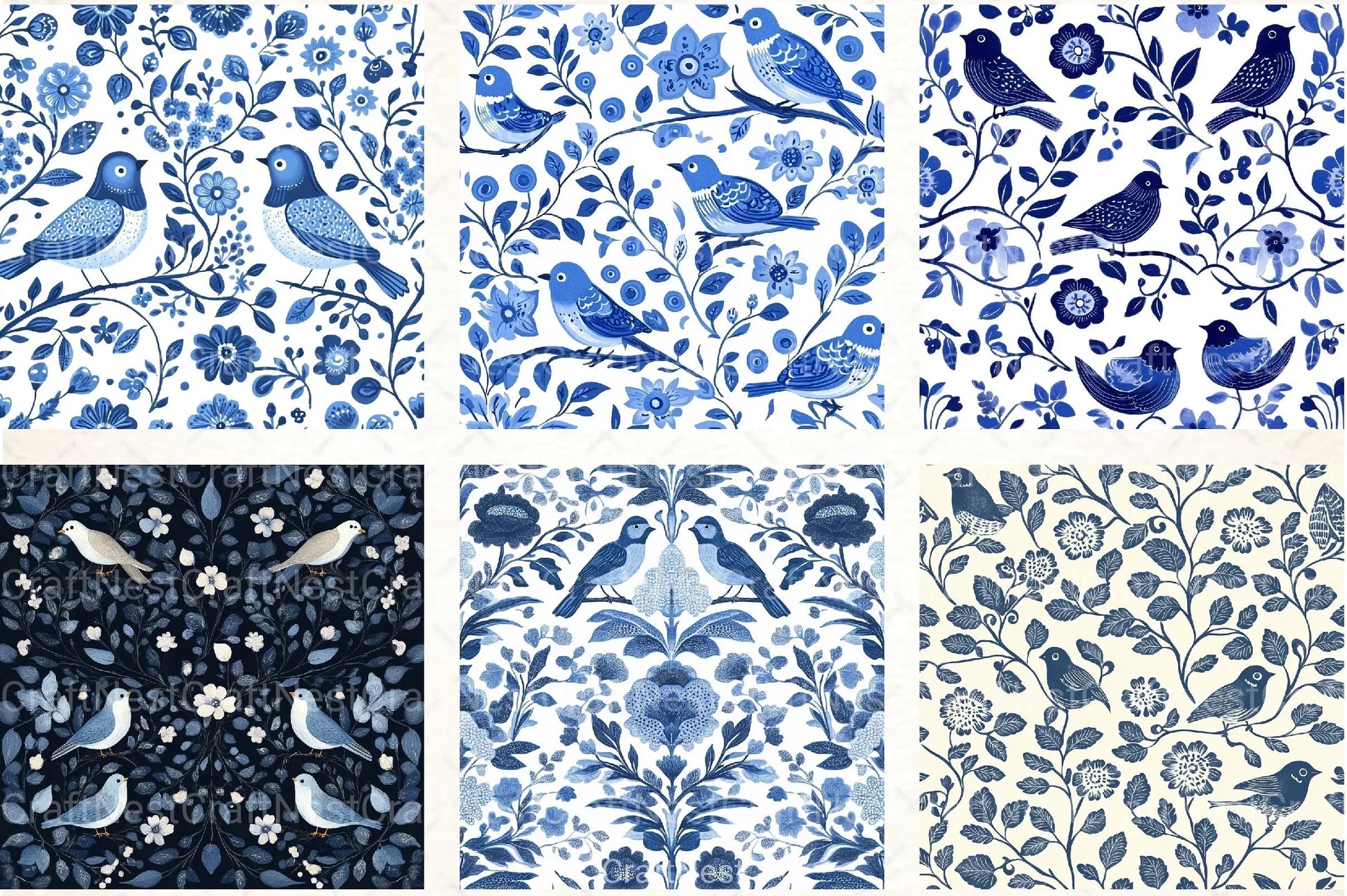 Blue Birds & Flowers Chinoiserie Pattern Clipart Bundle - CraftNest - Digital Crafting and Art