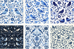Blue Birds & Flowers Chinoiserie Pattern Clipart Bundle - CraftNest - Digital Crafting and Art