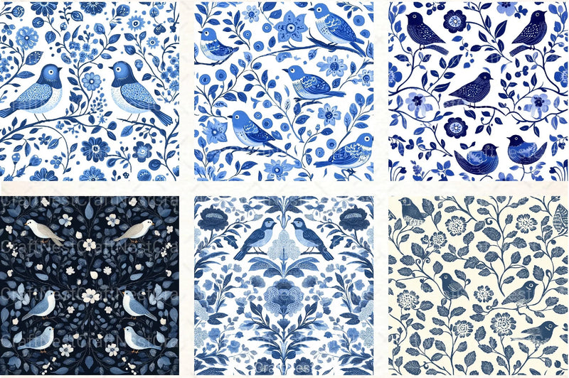 Blue Birds & Flowers Chinoiserie Pattern Clipart Bundle - CraftNest - Digital Crafting and Art