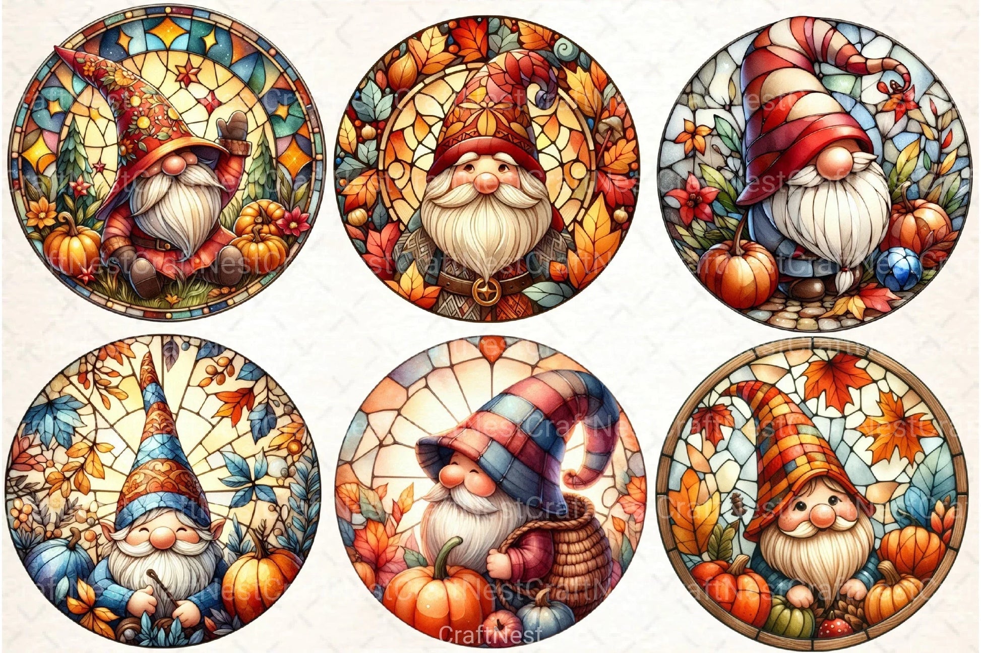 Round Fall Gnome Stained Glass Clipart Bundle - CraftNest - Digital Crafting and Art