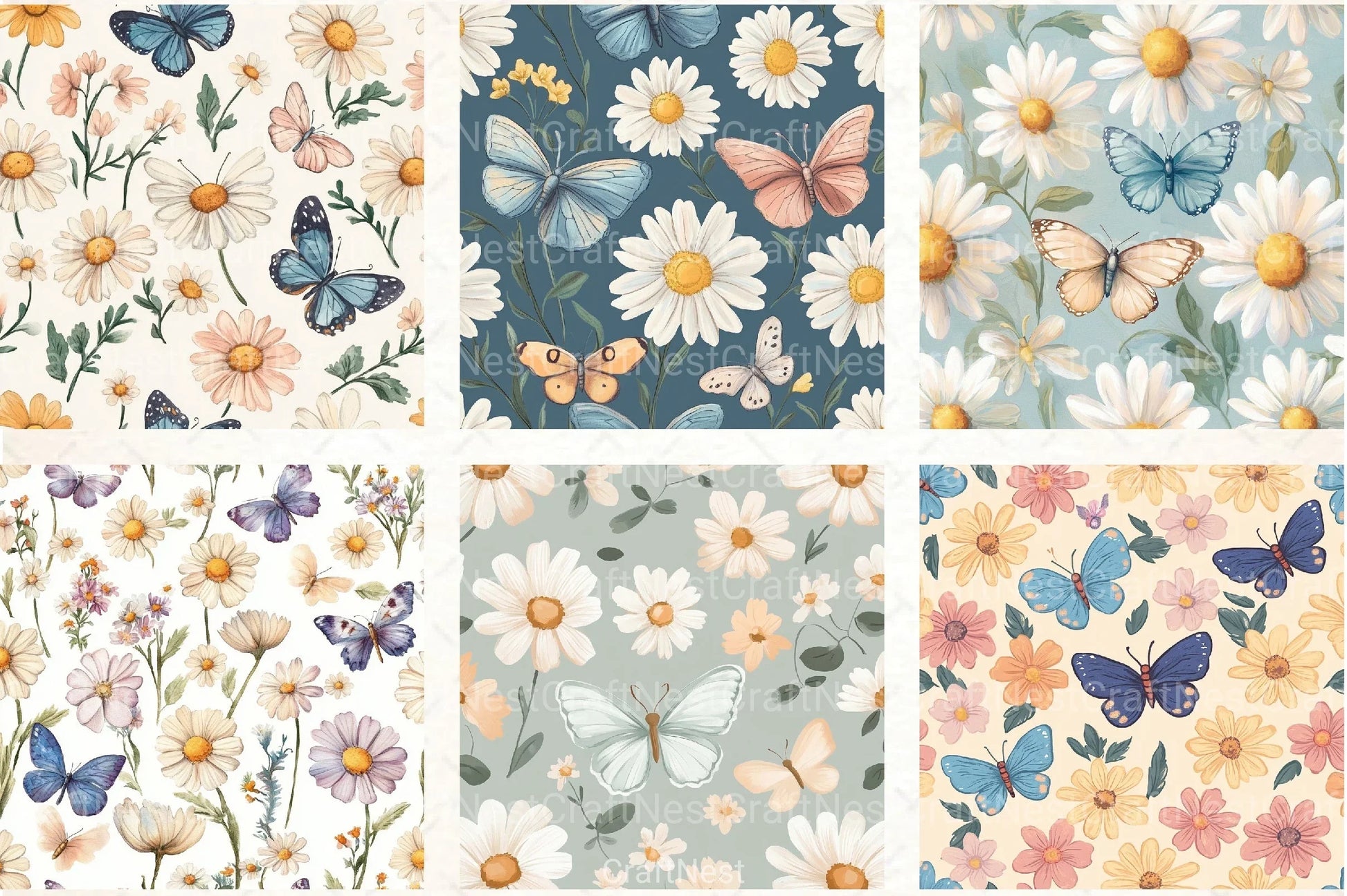 Pastel Daisy Flowers & Butterflies Pattern Clipart Bundle - CraftNest - Digital Crafting and Art