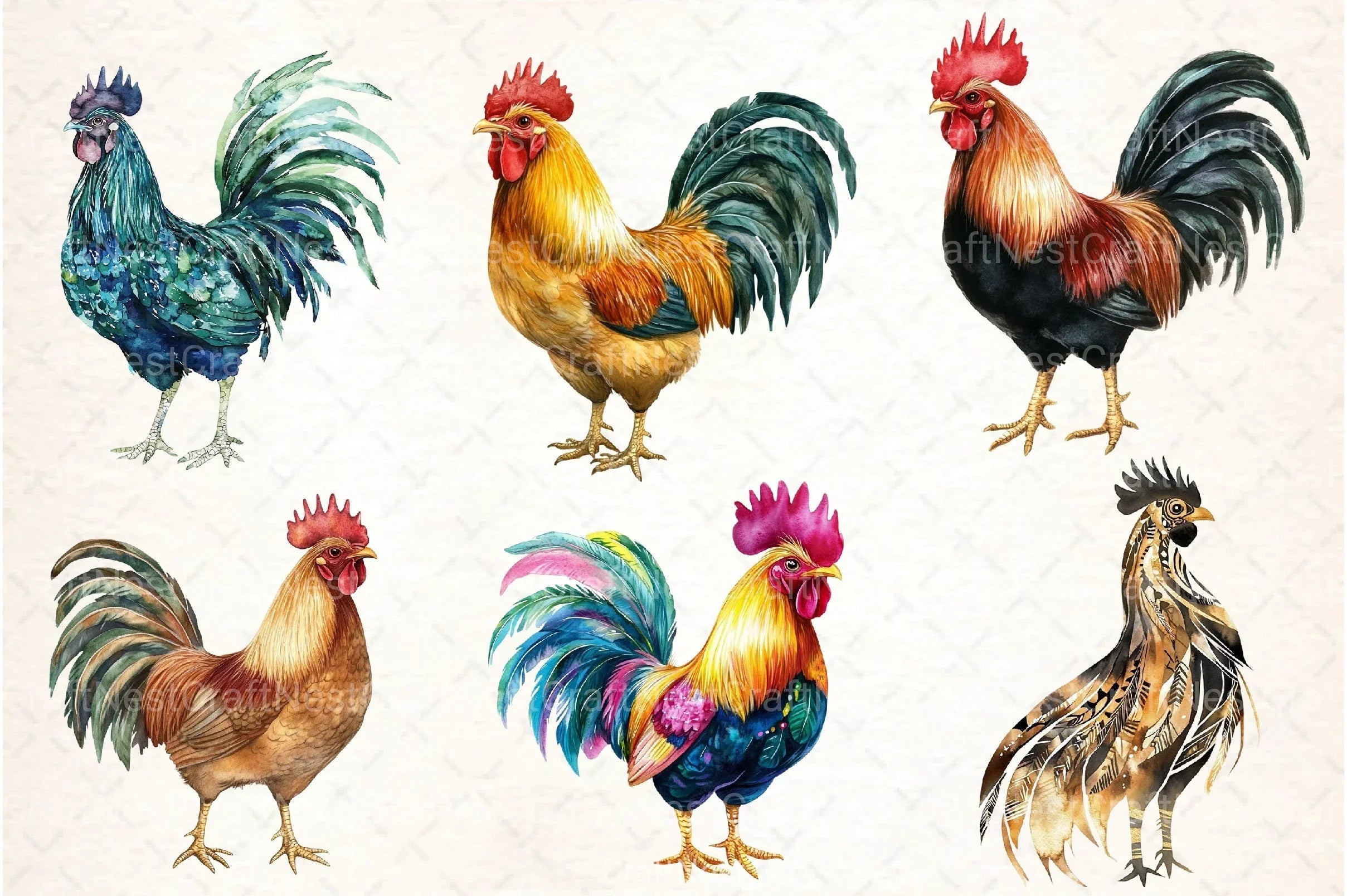 Boho Rooster Clipart Bundle: Colorful Feathers Collection - CraftNest - Digital Crafting and Art
