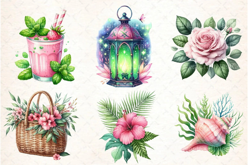Pink and Green Summer Clipart Bundle 78 - CraftNest - Digital Crafting and Art