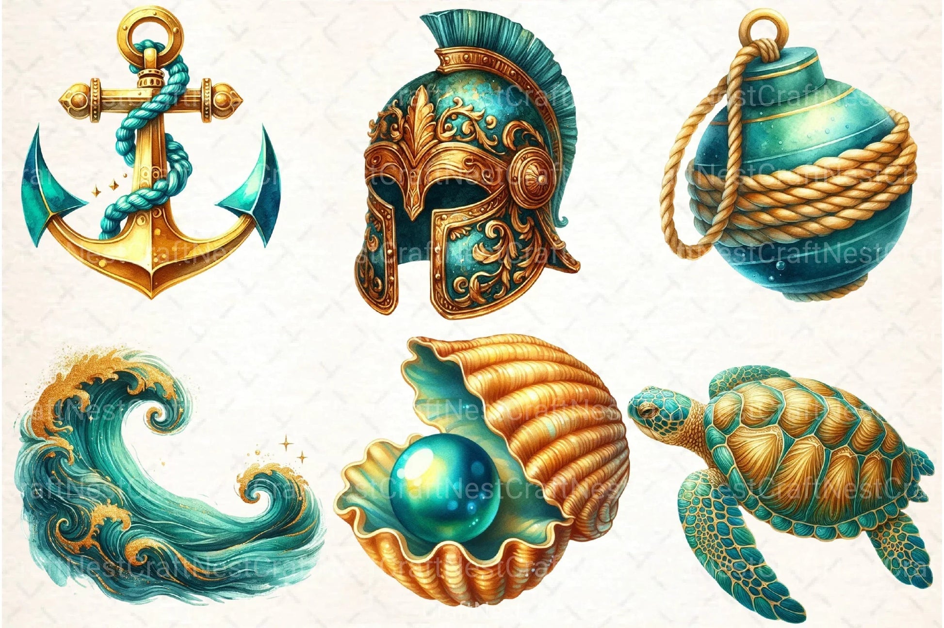 Gold & Teal Nautical Clipart Bundle - CraftNest - Digital Crafting and Art