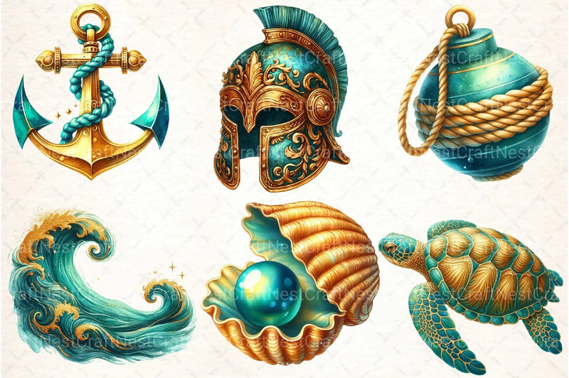 Gold & Teal Nautical Clipart Bundle - CraftNest - Digital Crafting and Art