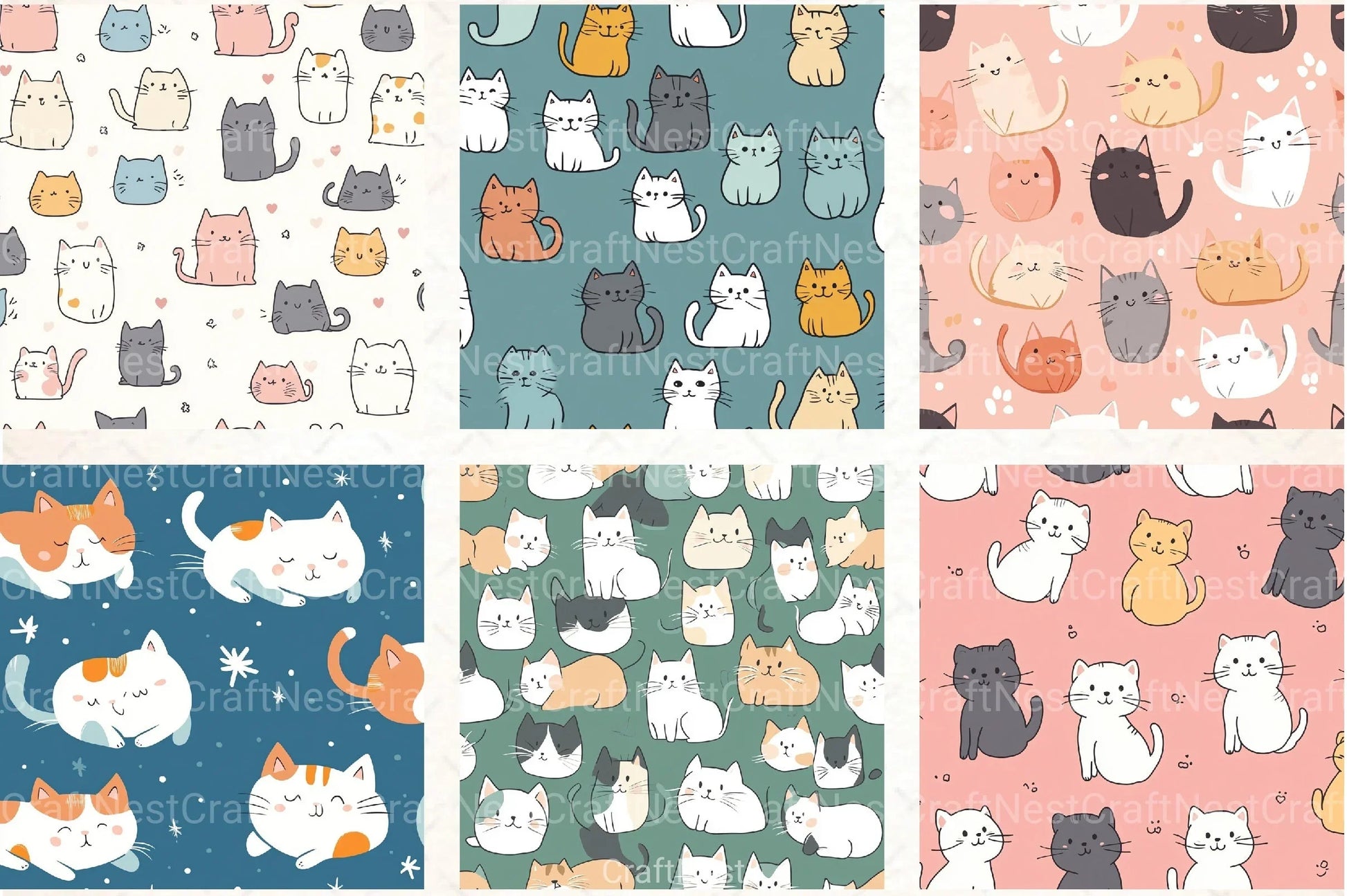 Seamless Kawaii Cute Cats Pattern Digital Paper - CraftNest - Digital Crafting and Art
