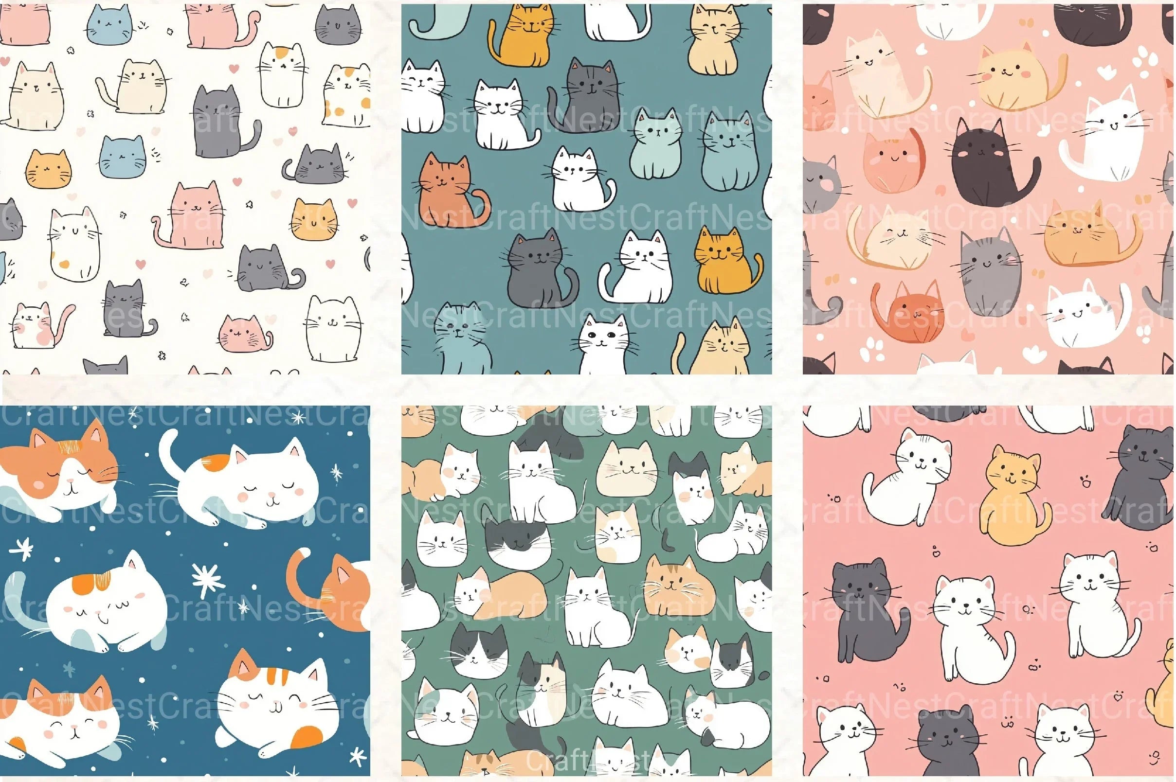 Seamless Kawaii Cute Cats Pattern Digital Paper - CraftNest - Digital Crafting and Art