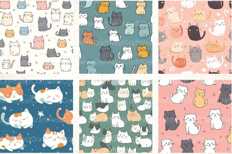 Seamless Kawaii Cute Cats Pattern Digital Paper - CraftNest - Digital Crafting and Art