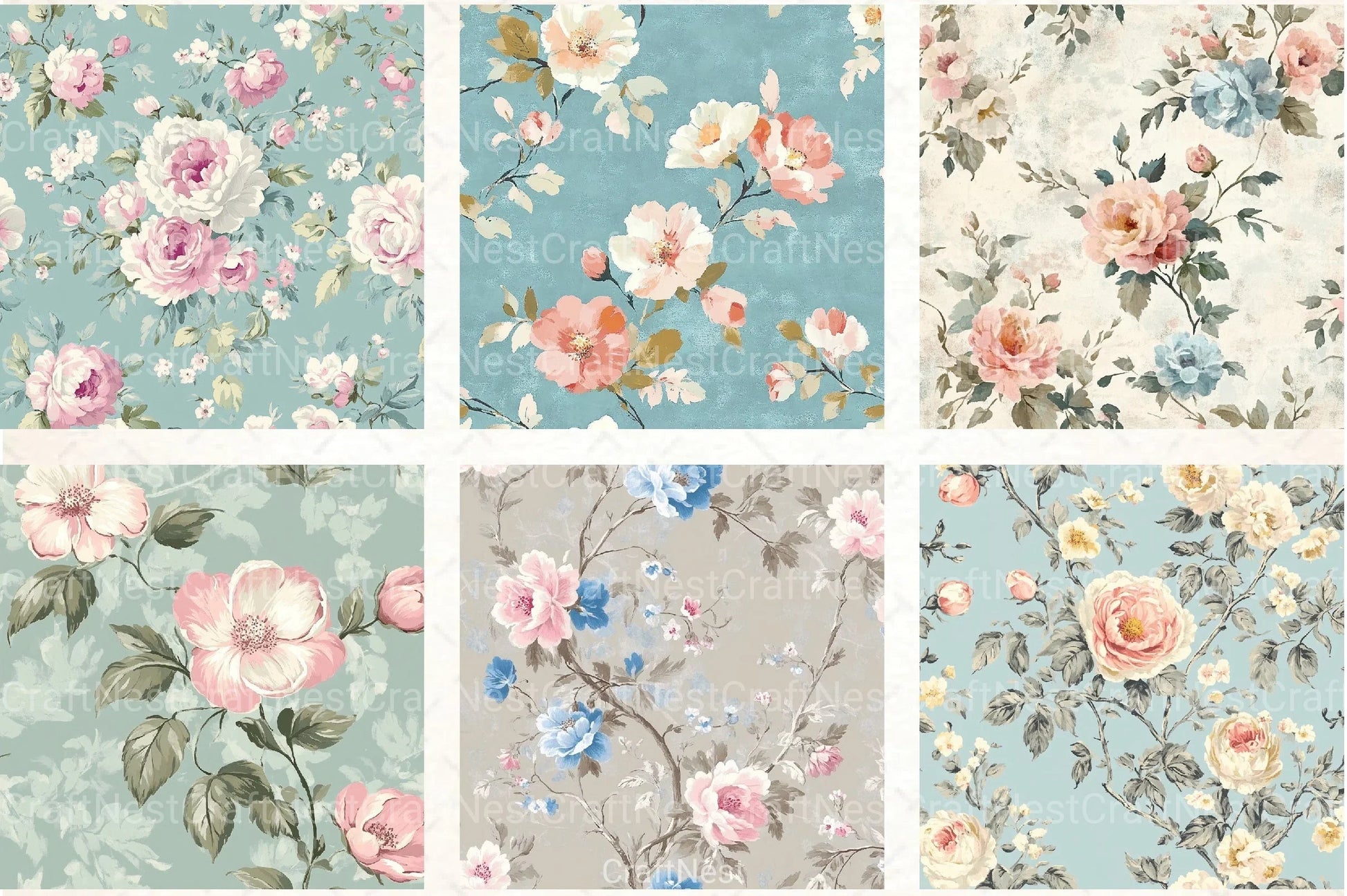 French Shabby Chic Pastel Flower Pattern Clipart Bundle 2 - CraftNest - Digital Crafting and Art