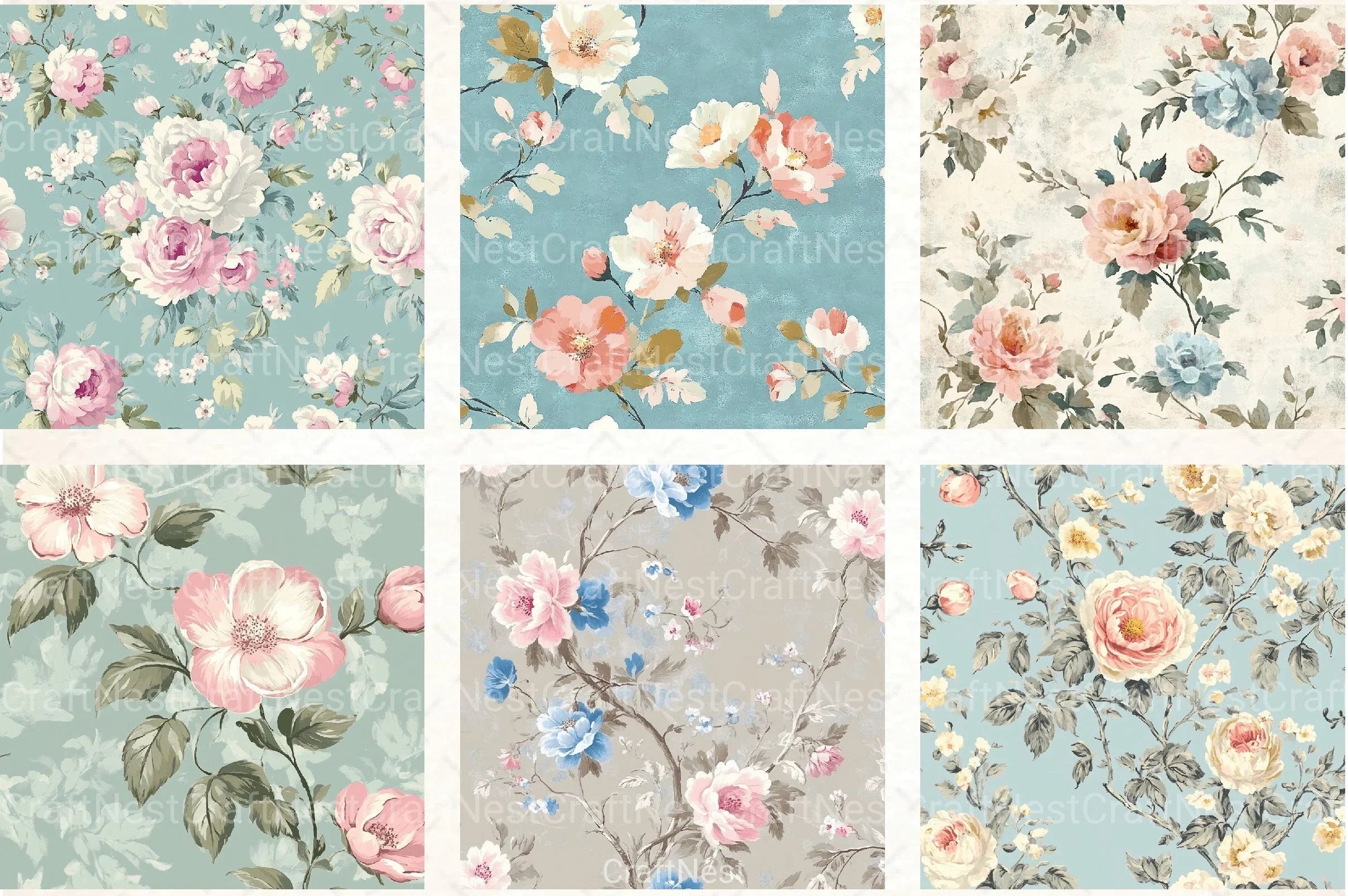 French Shabby Chic Pastel Flower Pattern Clipart Bundle 2 - CraftNest - Digital Crafting and Art
