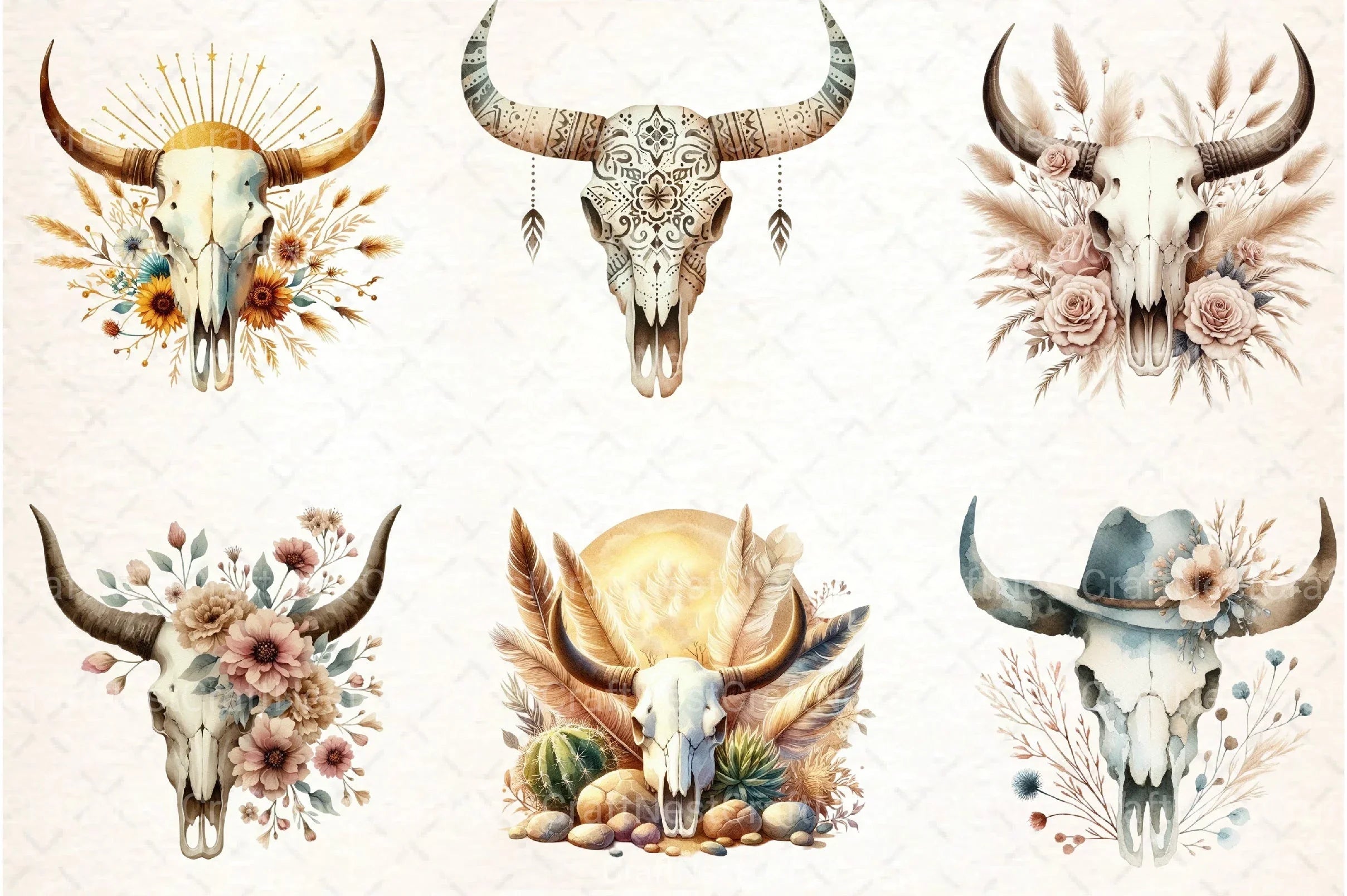 Western Desert Cow Skull Boho Clipart Bundle - CraftNest - Digital Crafting and Art