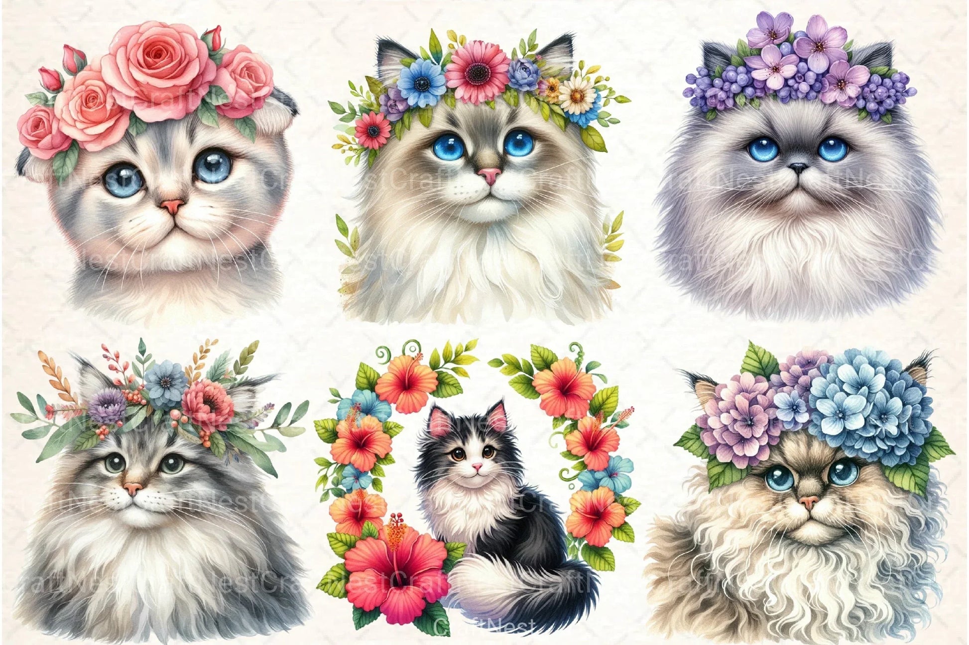 Cat Breeds Flower Crowns Clipart Bundle - CraftNest - Digital Crafting and Art