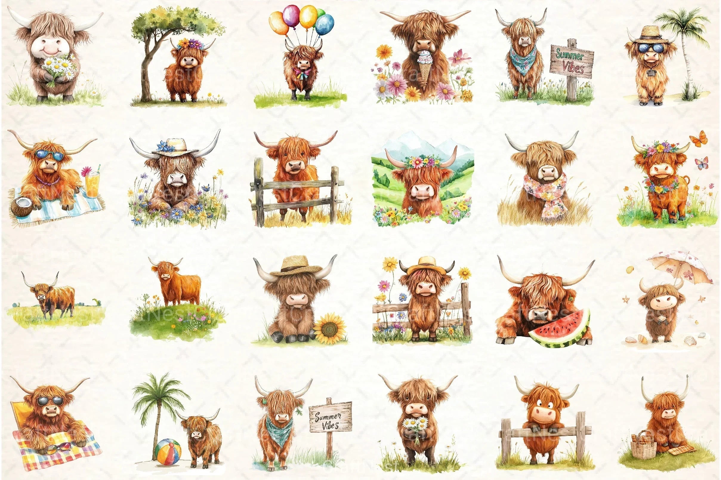Summer Highland Cow Clipart Bundle 12 - CraftNest - Digital Crafting and Art