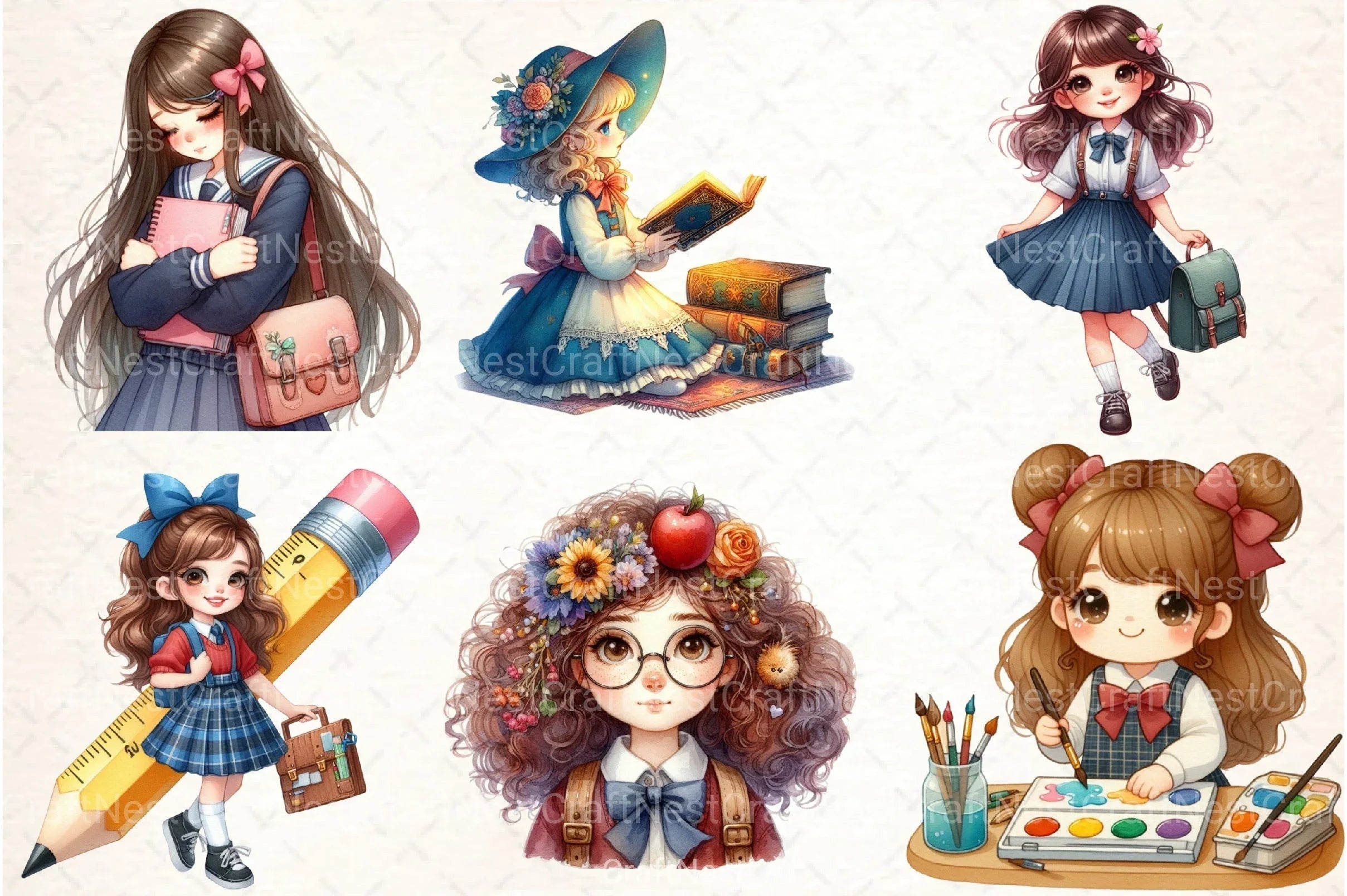 Whimsical School Girl Clipart Bundle - CraftNest - Digital Crafting and Art