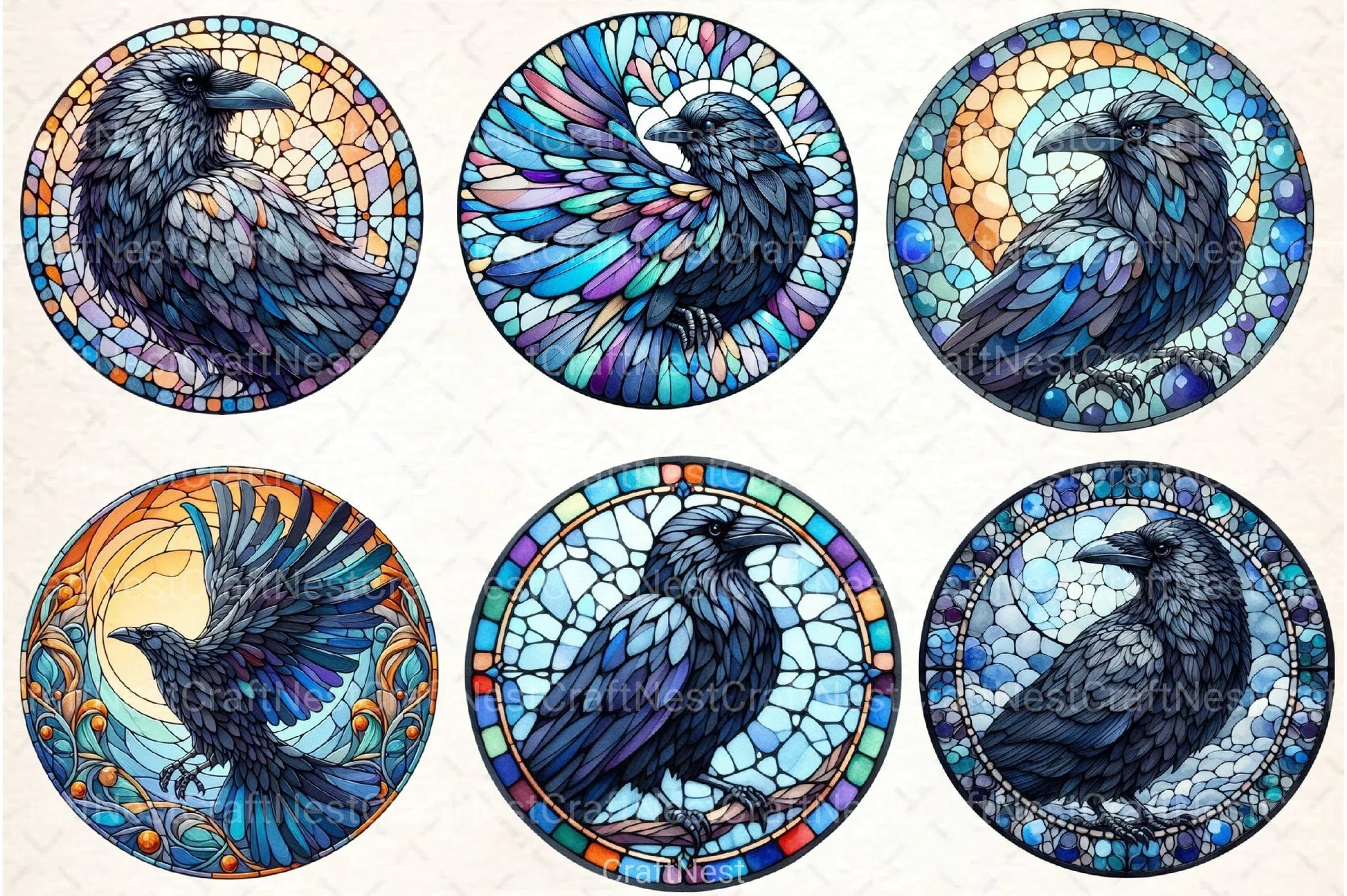 Round Raven Stained Glass Clipart Bundle - CraftNest - Digital Crafting and Art