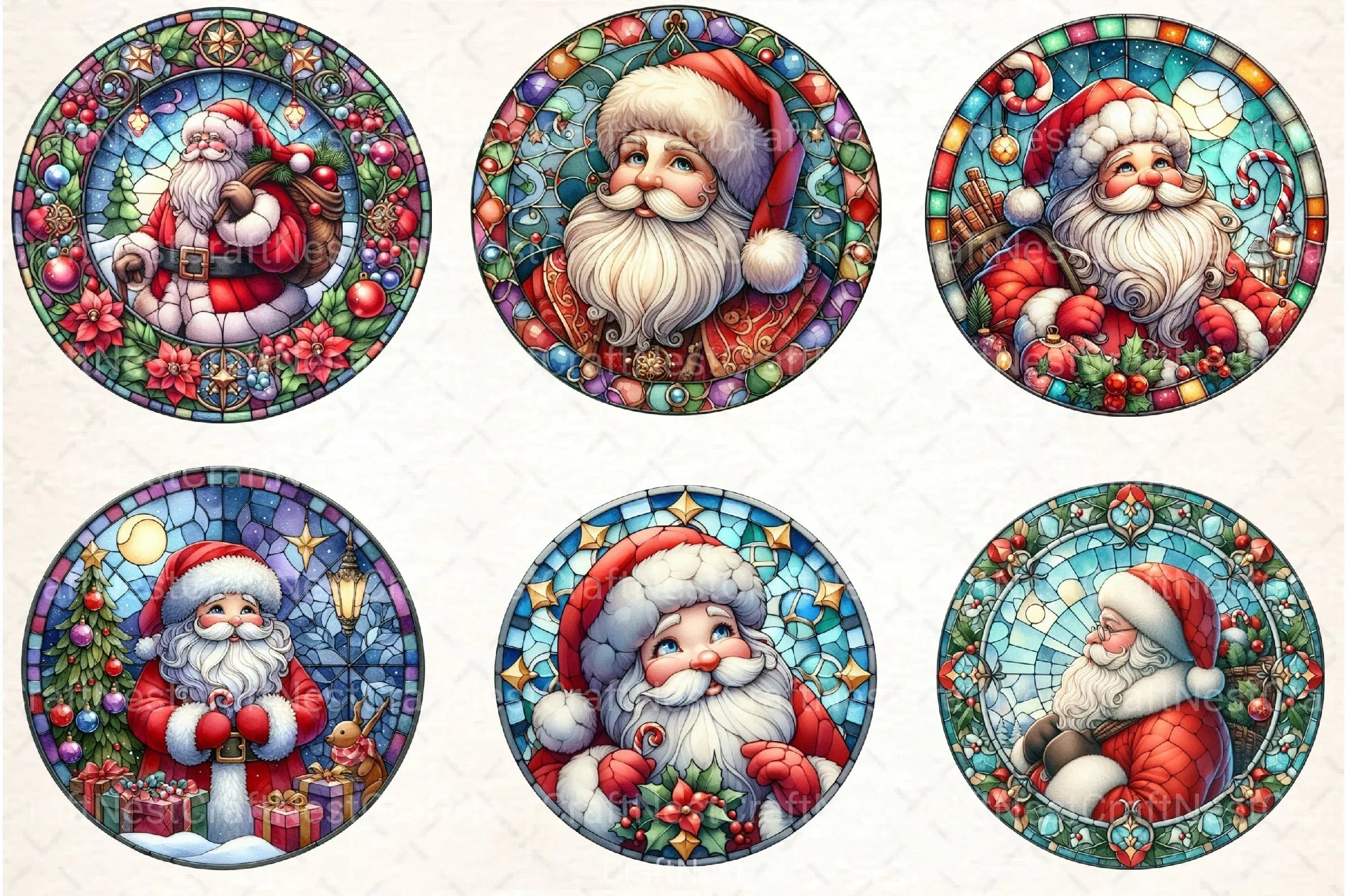 Round Santa Stained Glass Clipart Bundle 99 - CraftNest - Digital Crafting and Art