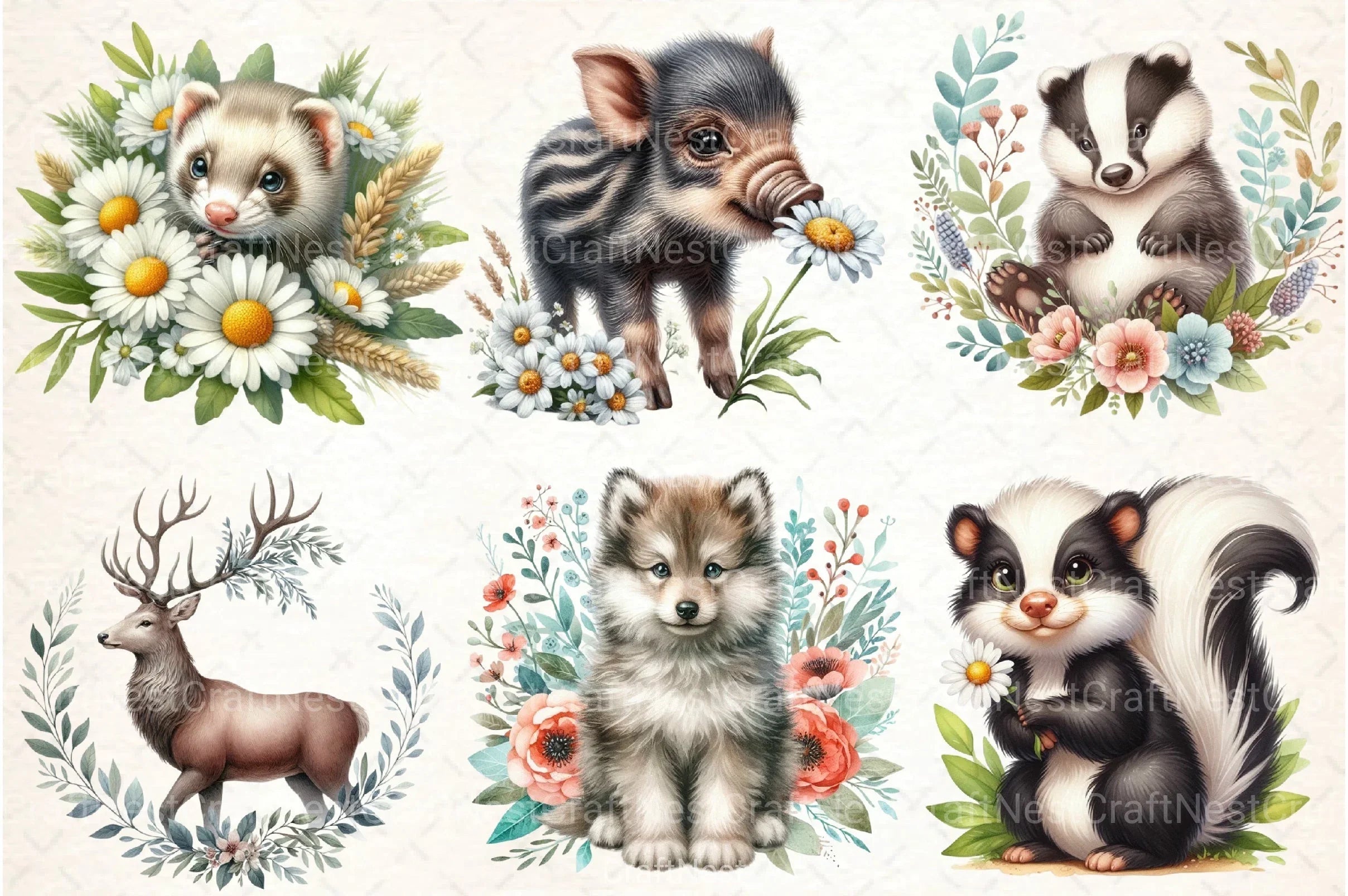 Woodland Animals with Flowers Clipart Bundle - CraftNest - Digital Crafting and Art