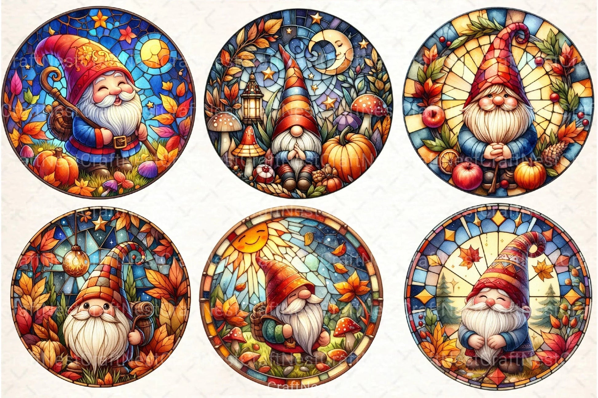 Round Fall Gnome Stained Glass Clipart Bundle - CraftNest - Digital Crafting and Art
