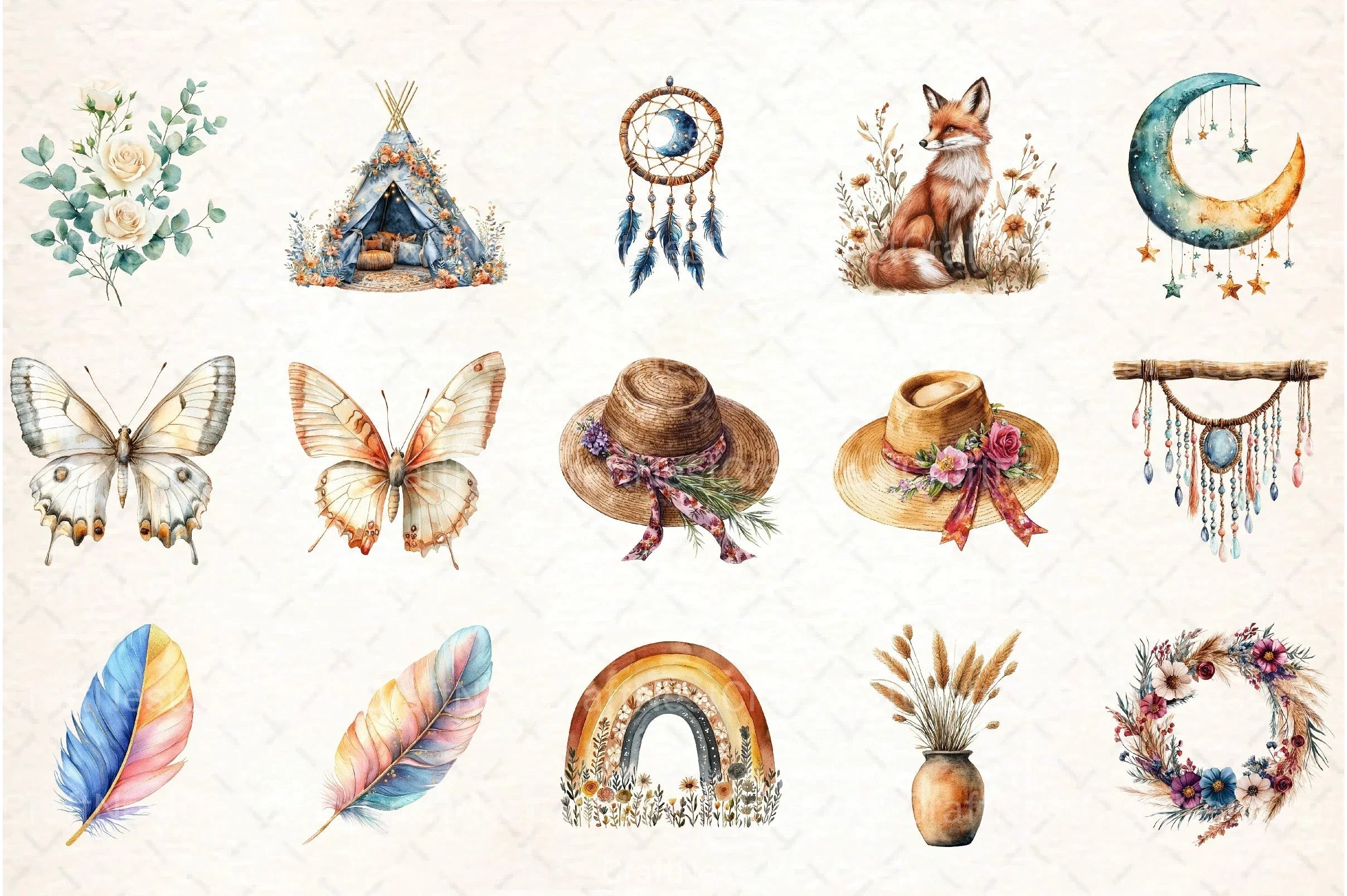 Watercolor Boho Clipart Bundle - CraftNest - Digital Crafting and Art