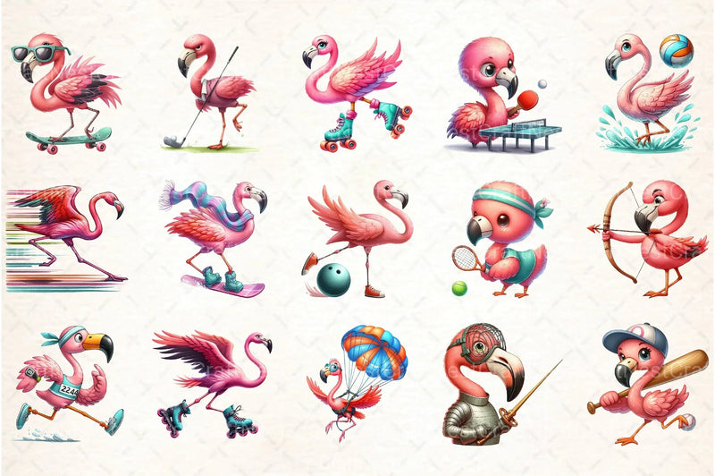 Cute Cartoon Sporty Flamingos Clipart Bundle 2 - CraftNest - Digital Crafting and Art