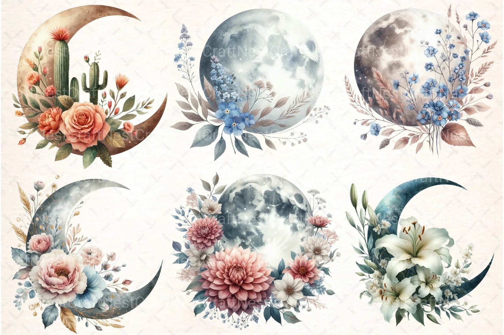 Boho Moon Floral Clipart Bundle - CraftNest - Digital Crafting and Art
