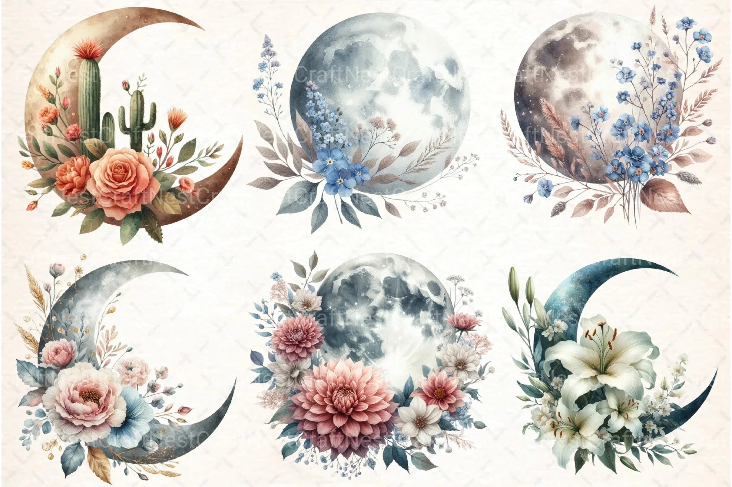 Boho Moon Floral Clipart Bundle - CraftNest - Digital Crafting and Art