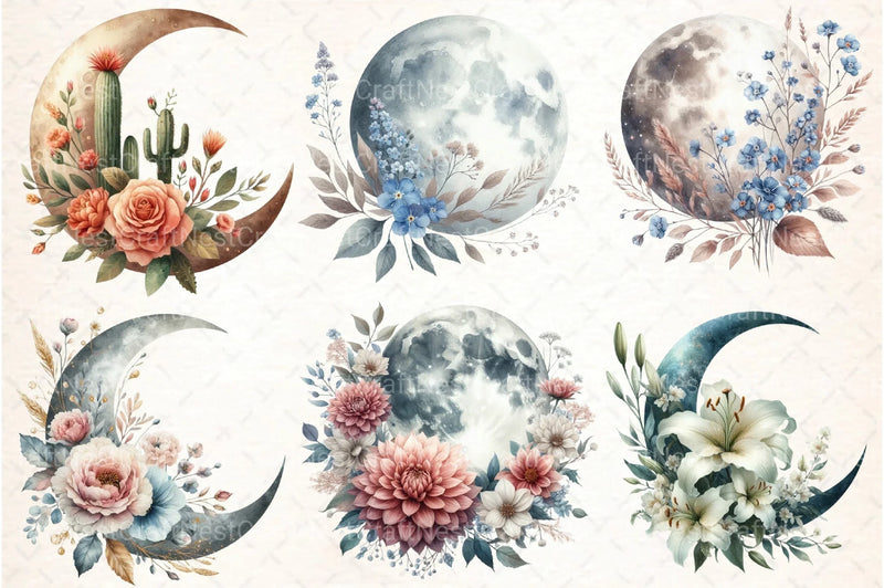 Boho Moon Floral Clipart Bundle - CraftNest - Digital Crafting and Art