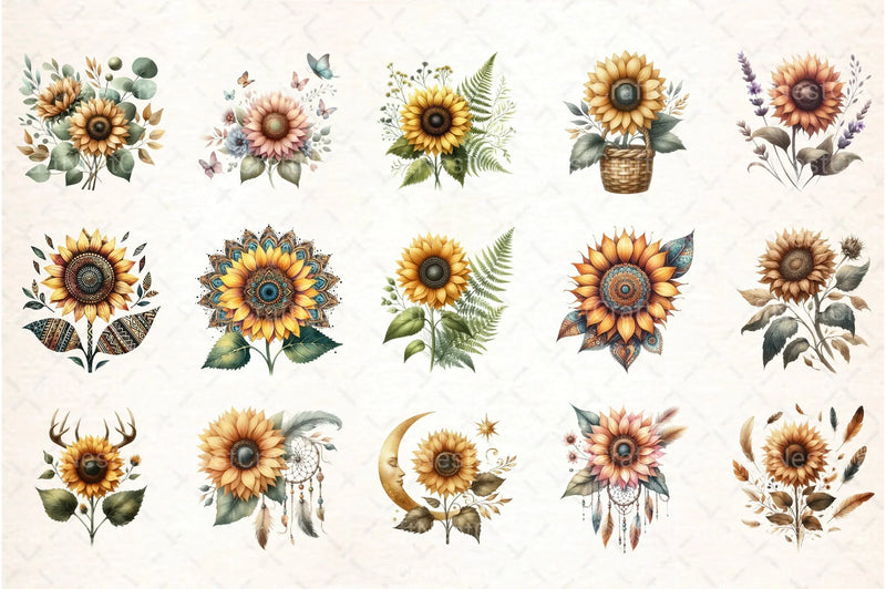 Sunflower Boho Clipart Bundle - CraftNest - Digital Crafting and Art