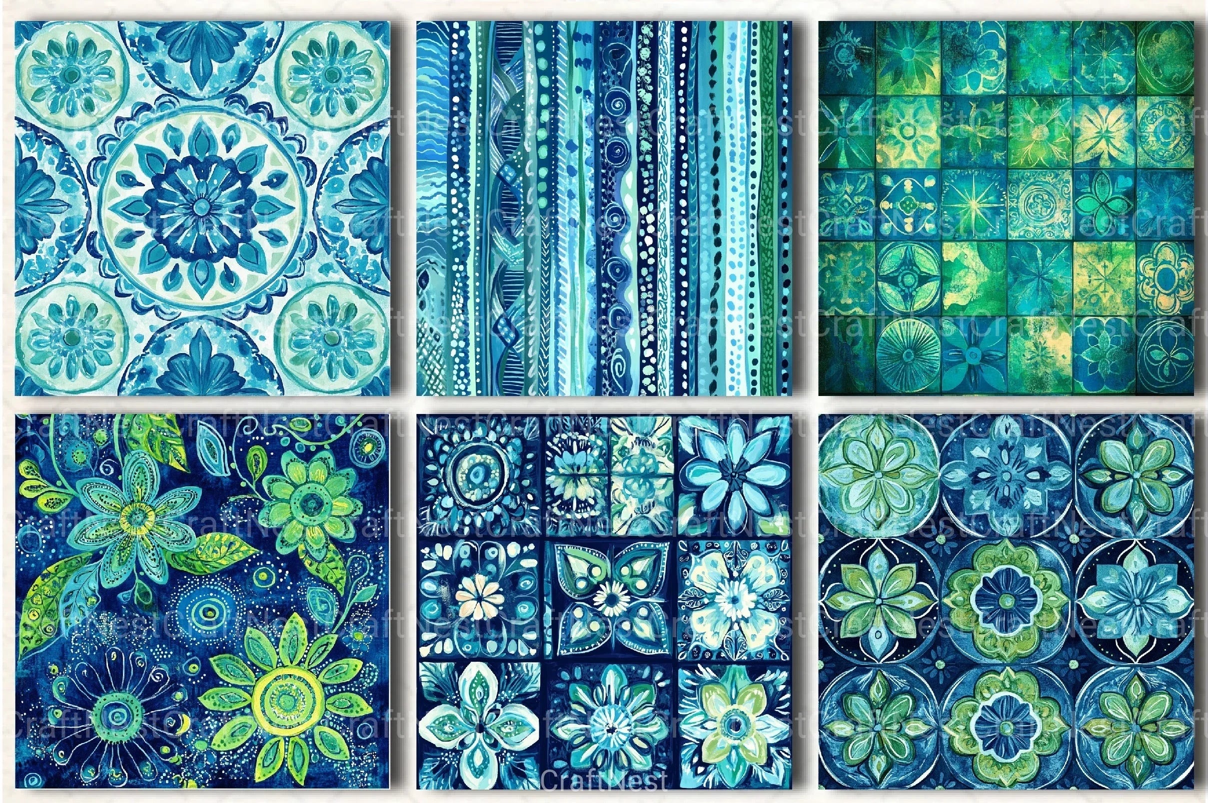 Boho Blue Green Patterns Clipart Bundle - CraftNest - Digital Crafting and Art