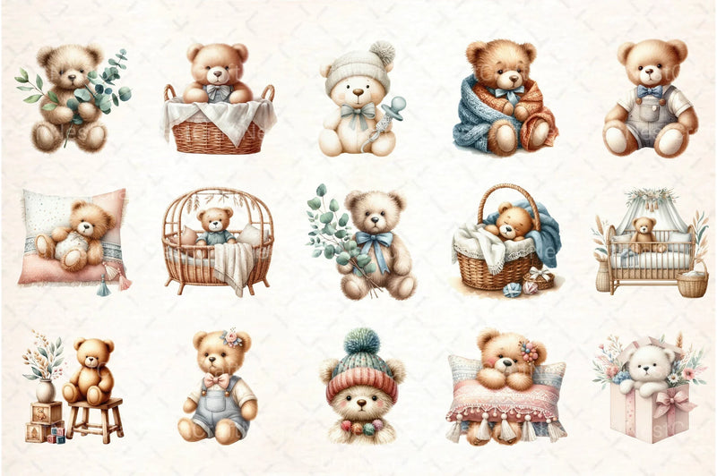 Nursery Teddy Bear Boho Clipart Bundle - CraftNest - Digital Crafting and Art