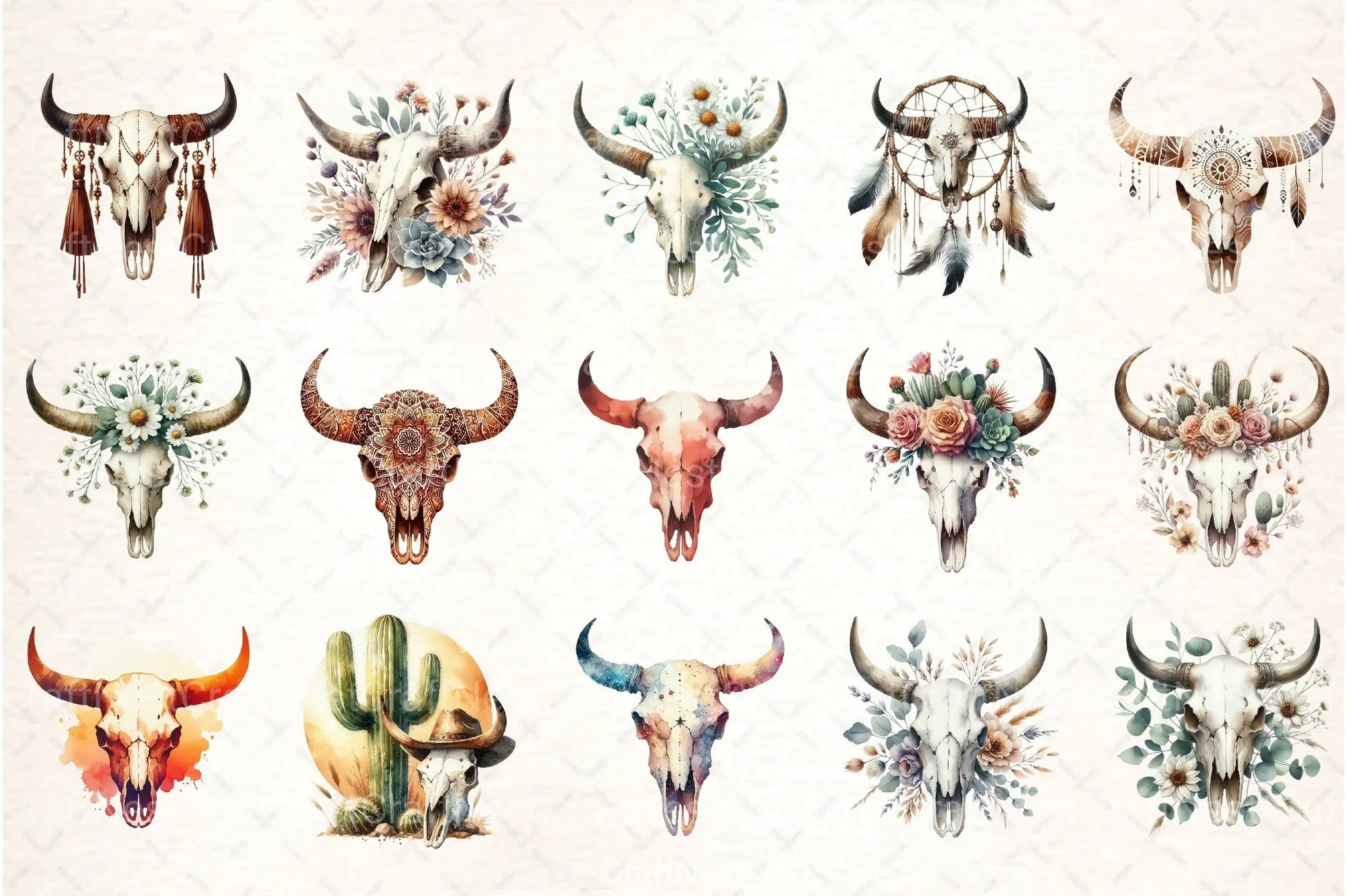 Western Desert Cow Skull Boho Clipart Bundle - CraftNest - Digital Crafting and Art