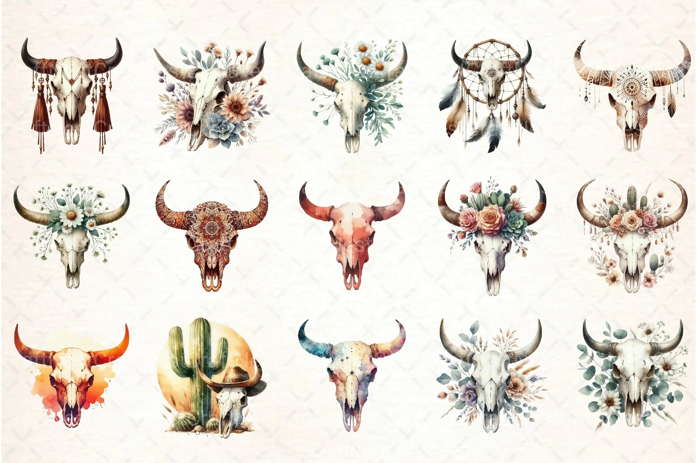 Western Desert Cow Skull Boho Clipart Bundle - CraftNest - Digital Crafting and Art