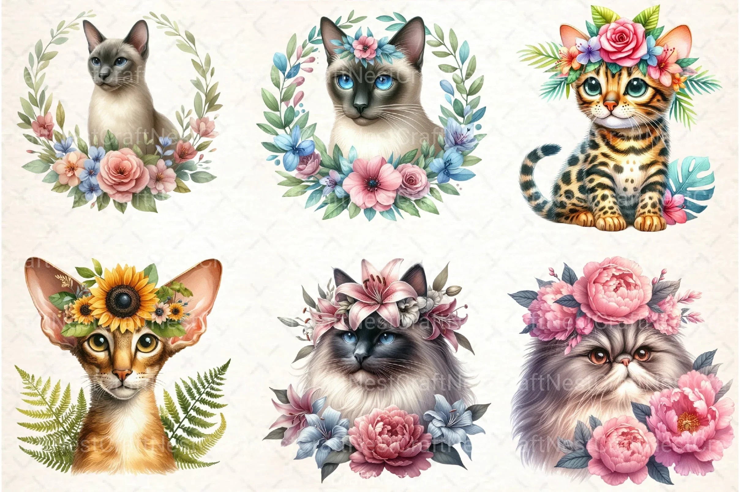 Cat Breeds Flower Crowns Clipart Bundle - CraftNest - Digital Crafting and Art
