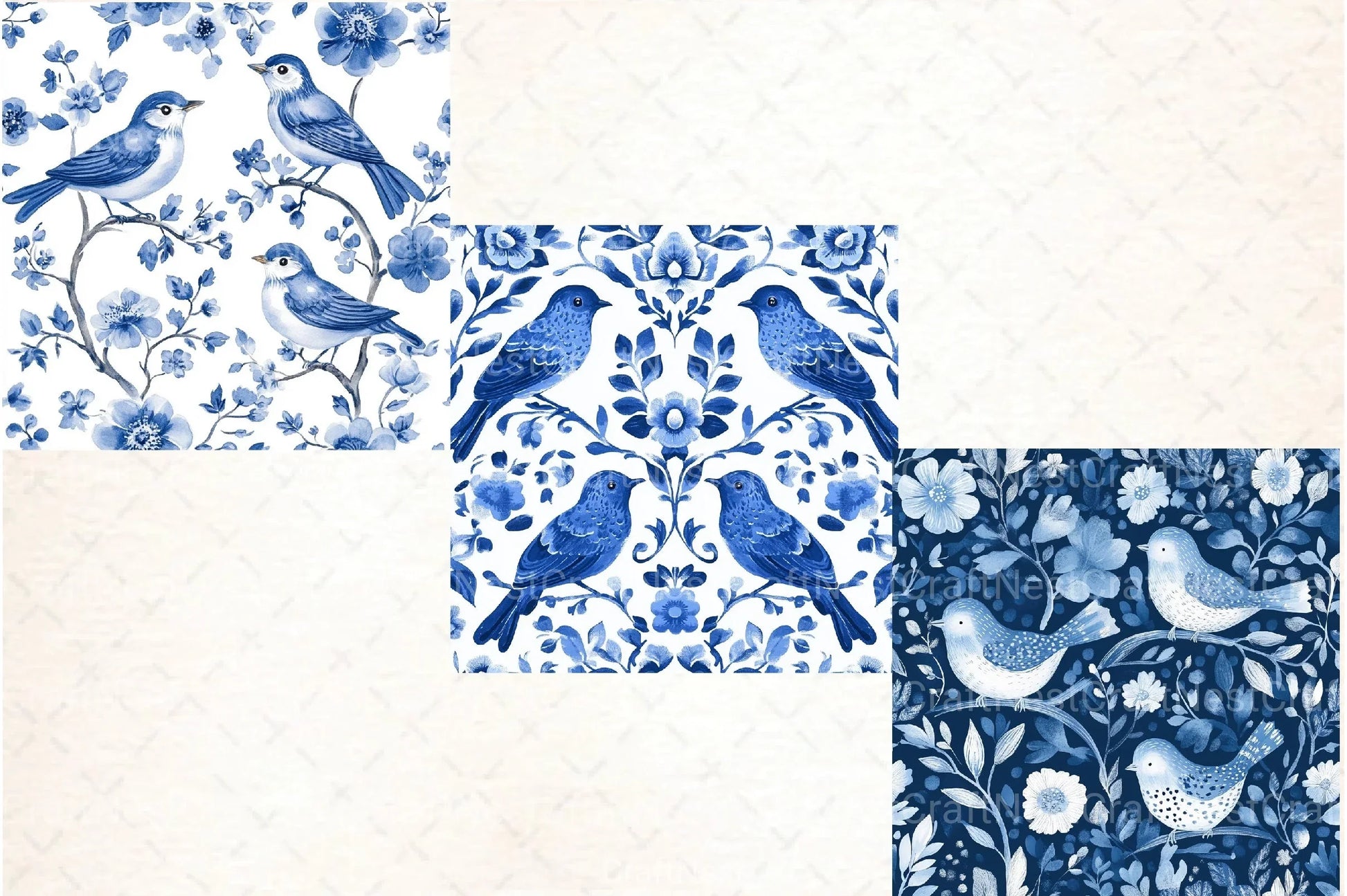 Blue Birds & Flowers Chinoiserie Pattern Clipart Bundle - CraftNest - Digital Crafting and Art