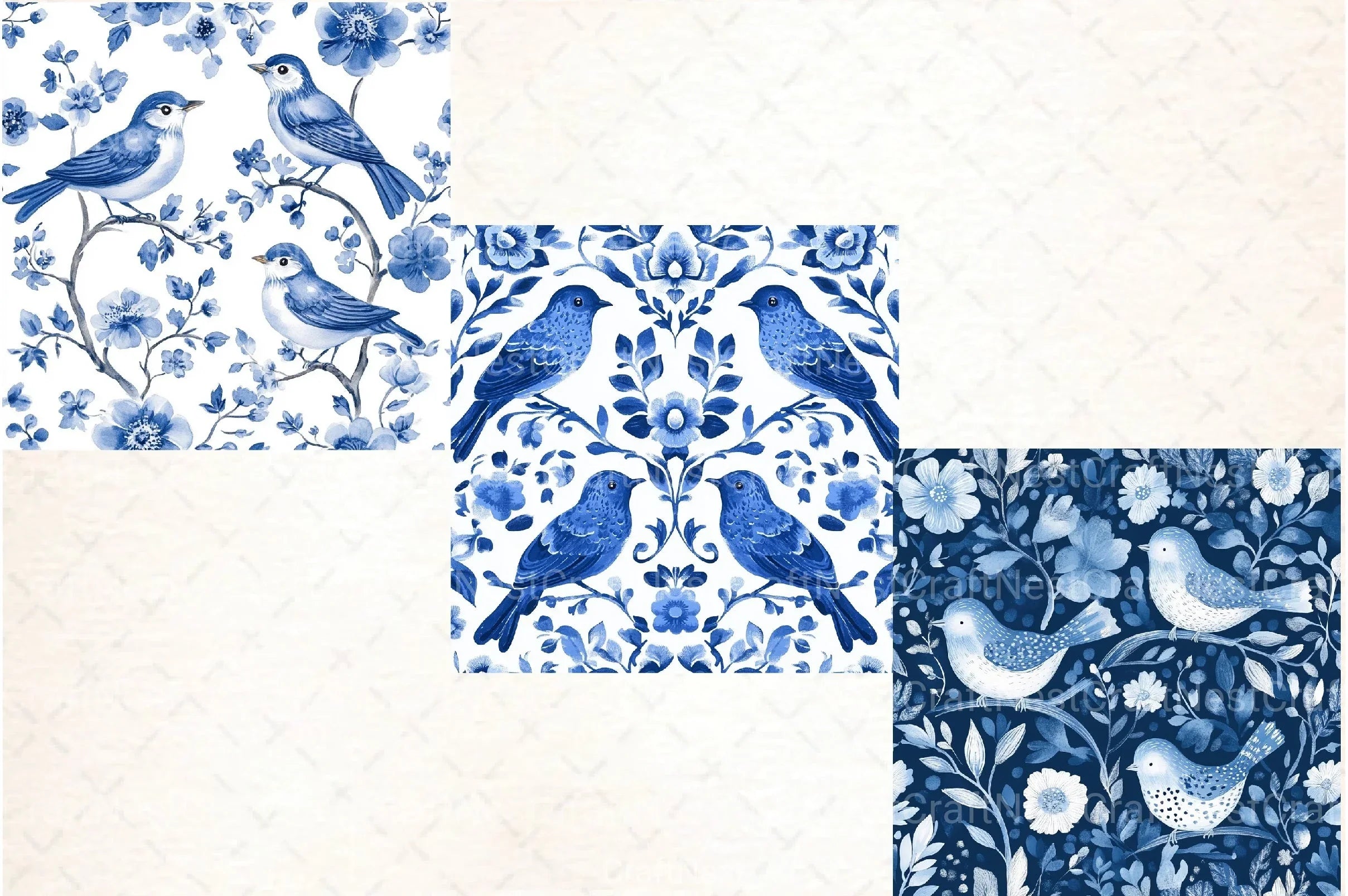 Blue Birds & Flowers Chinoiserie Pattern Clipart Bundle - CraftNest - Digital Crafting and Art
