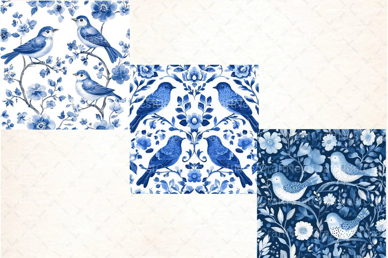 Blue Birds & Flowers Chinoiserie Pattern Clipart Bundle - CraftNest - Digital Crafting and Art