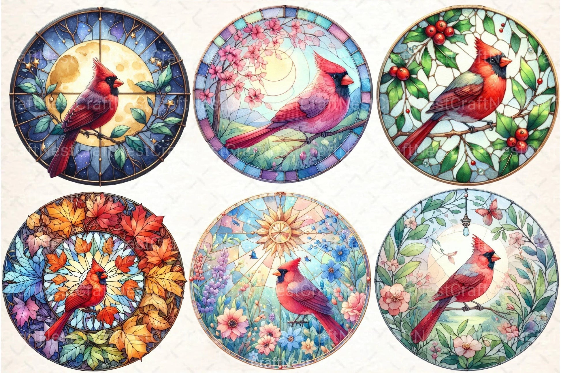 Round Cardinal Stained Glass Clipart Bundle - CraftNest - Digital Crafting and Art