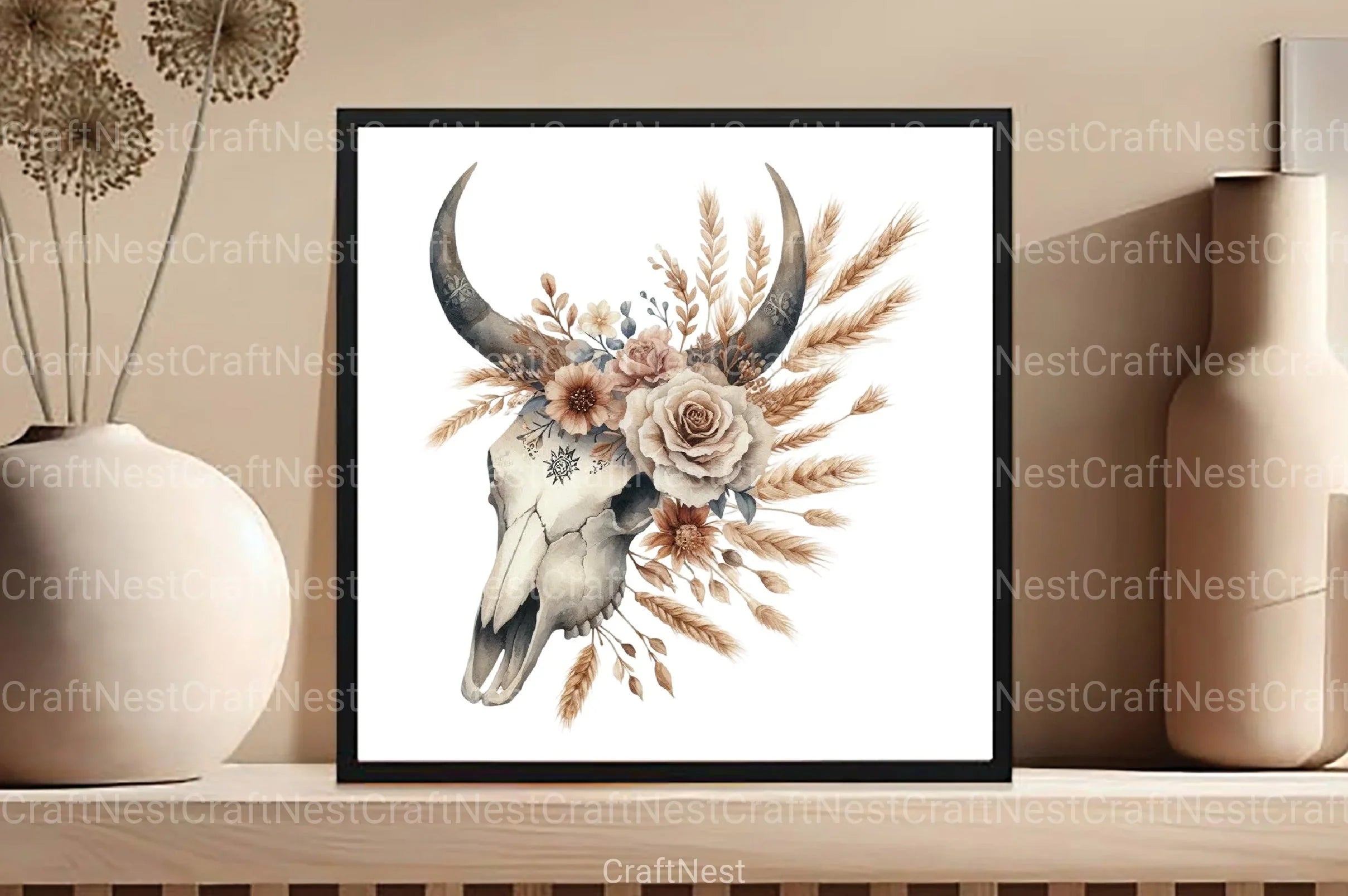 Western Desert Cow Skull Boho Clipart Bundle - CraftNest - Digital Crafting and Art