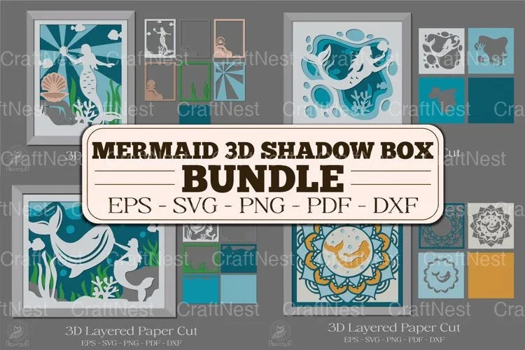 Mermaid 3D Shadow Box Layered Papercut Bundle - CraftNest - Digital Crafting and Art