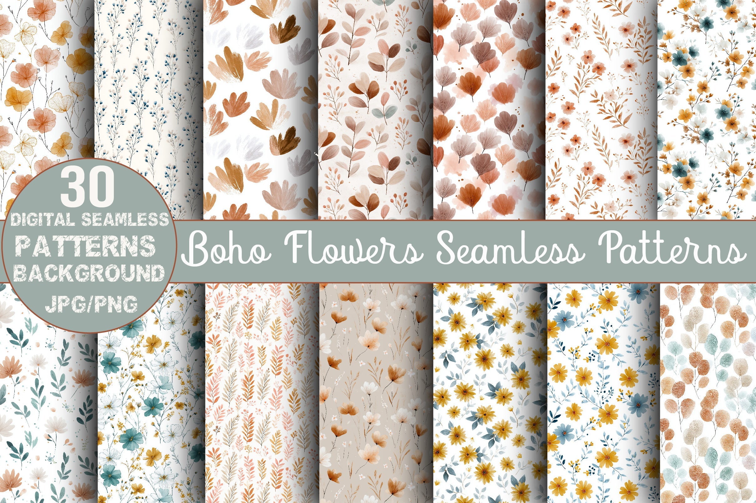 Minimal Boho Floral Seamless Patterns Digital Paper