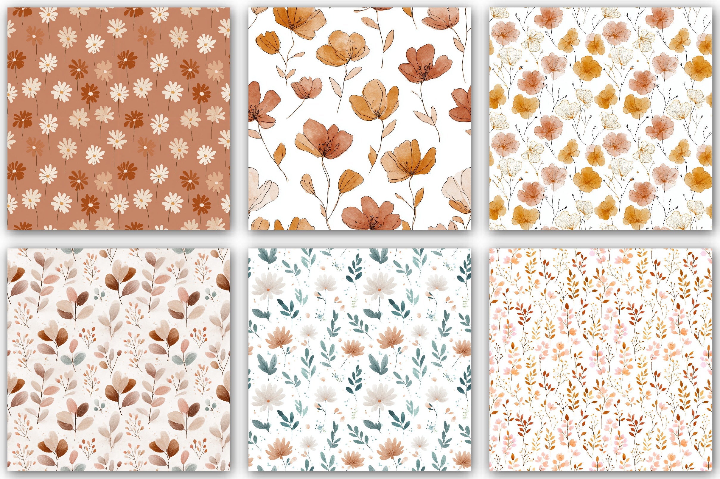 Minimal Boho Floral Seamless Patterns Digital Paper