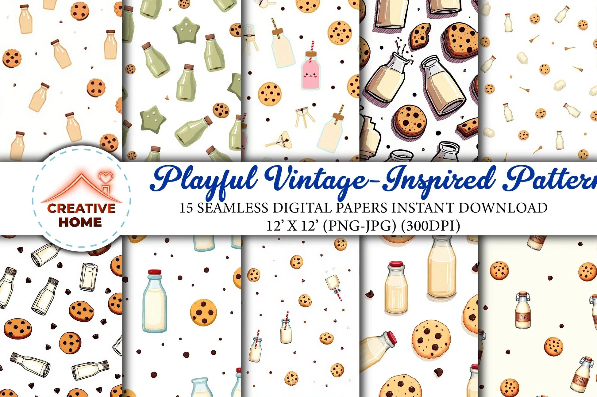 Milk & Cookies Vintage Pattern Clipart Bundle - CraftNest - Digital Crafting and Art