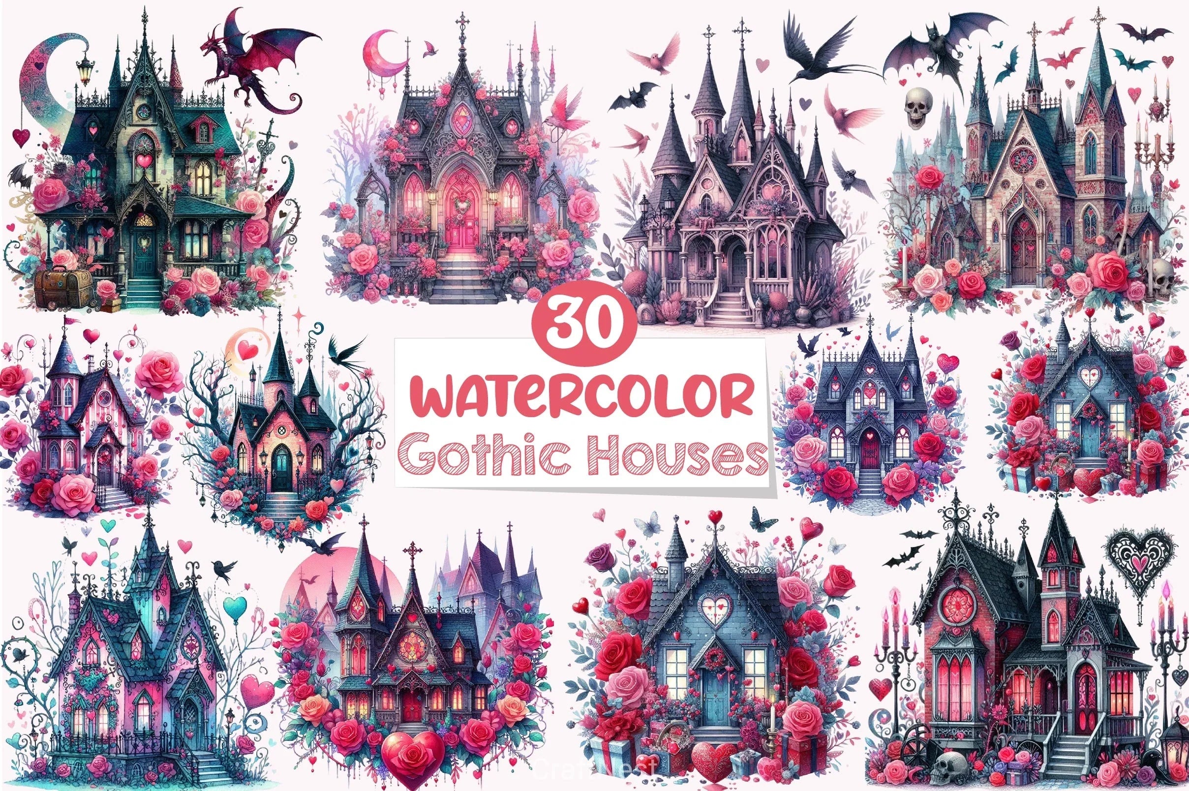 Valentine Gothic Houses Clipart Bundle - CraftNest - Digital Crafting and Art