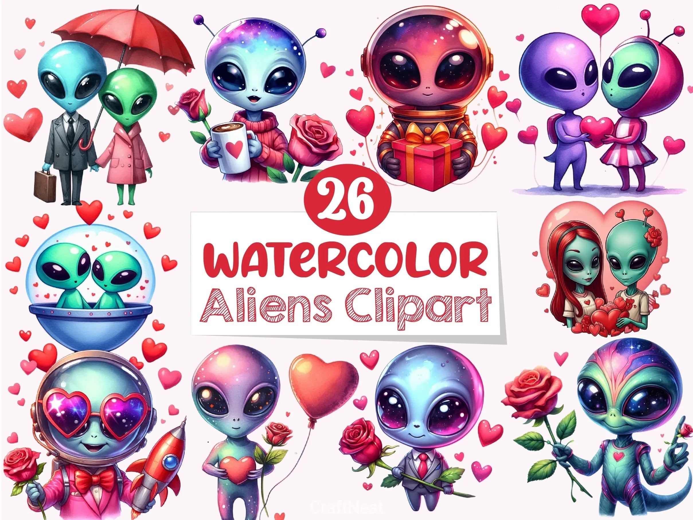 Valentine Aliens Clipart Bundle - CraftNest - Digital Crafting and Art