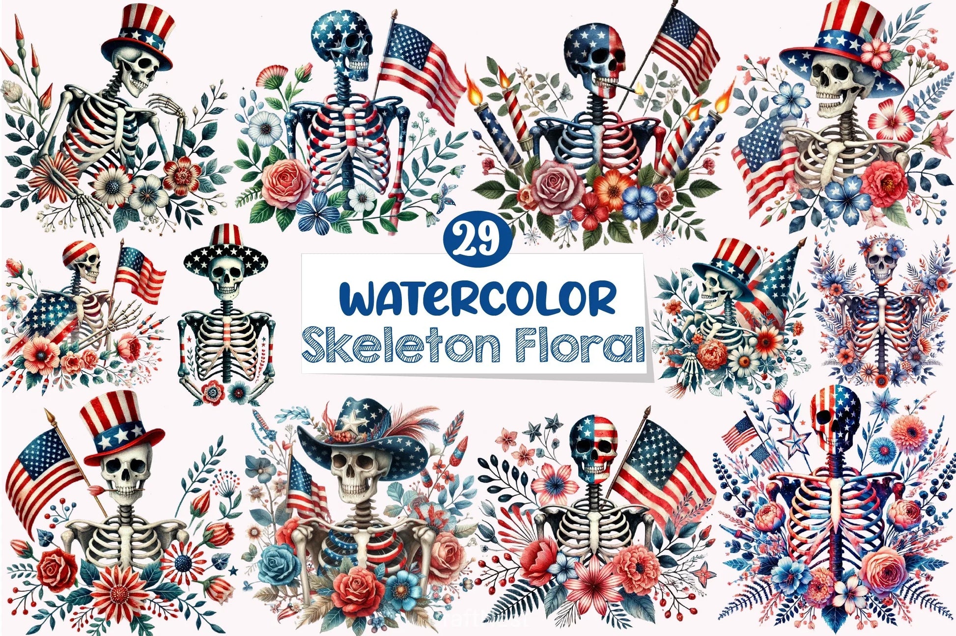 4th of July Skeleton Floral Clipart Bundle - CraftNest - Digital Crafting and Art