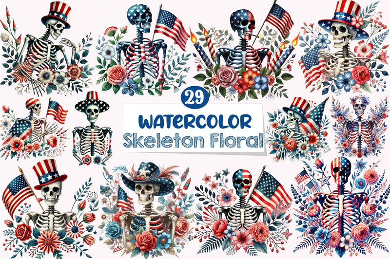 4th of July Skeleton Floral Clipart Bundle - CraftNest - Digital Crafting and Art