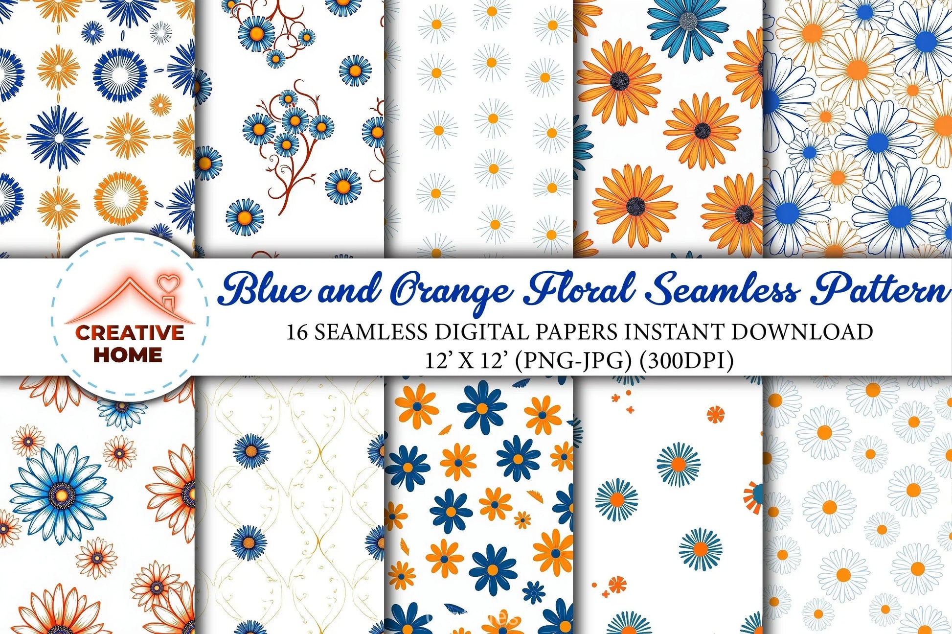 Blue Orange Floral Pattern Digital Paper - CraftNest - Digital Crafting and Art